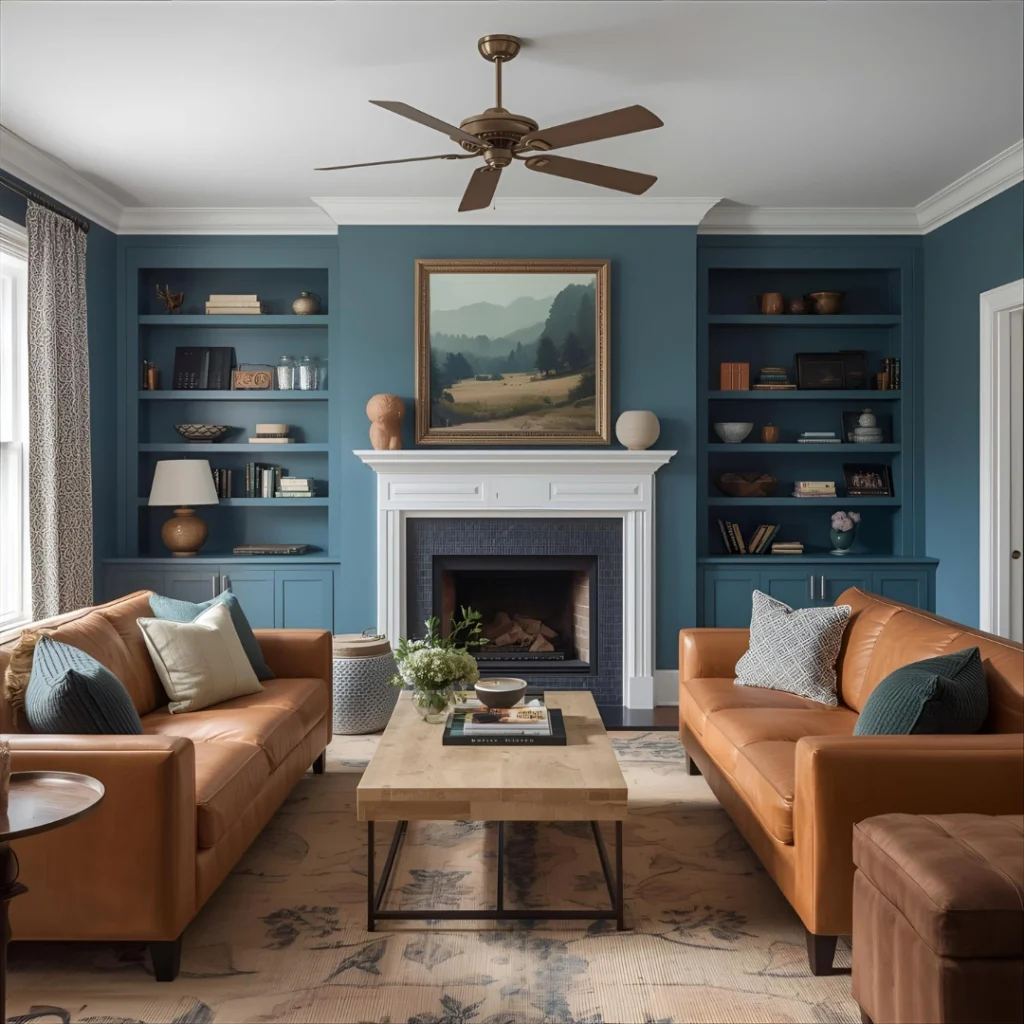 Warm And Nurturing Blue And Green Living Room With Brown Tones